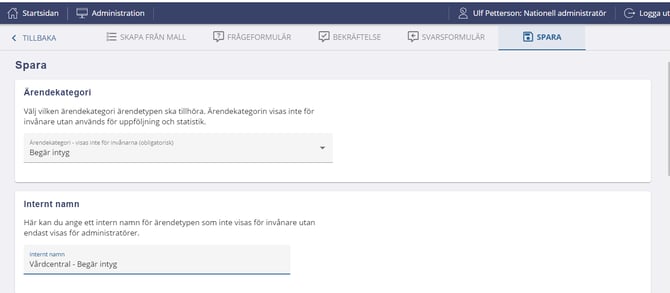 Spara och välj ärendekategori