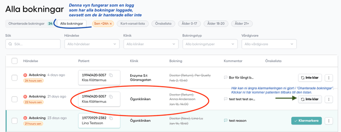 Alla bokningar - logg över alla händelser
